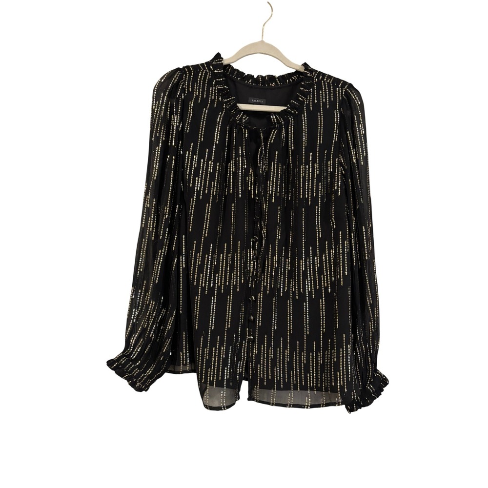 Talbots Blouse Black Gold Metallic Stripe Ruffle Neck Long Sleeve XL